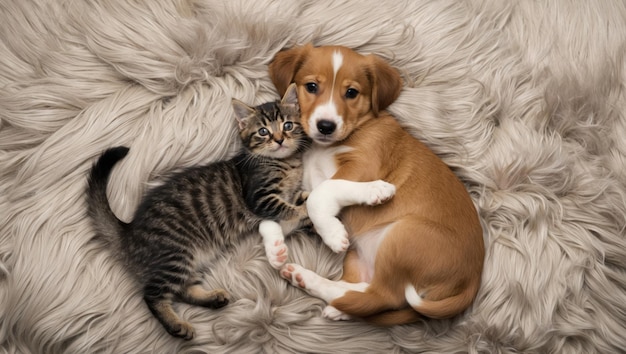 Adorable puppy and kitten cuddling on a fluffy blanket radiating warmth and love