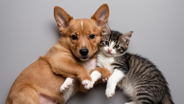 Adorable puppy and kitten cuddling on a fluffy blanket radiating warmth and love