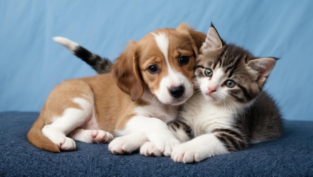 Adorable puppy and kitten cuddling on a fluffy blanket radiating warmth and love