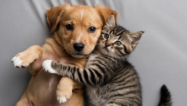 Adorable puppy and kitten cuddling on a fluffy blanket radiating warmth and love