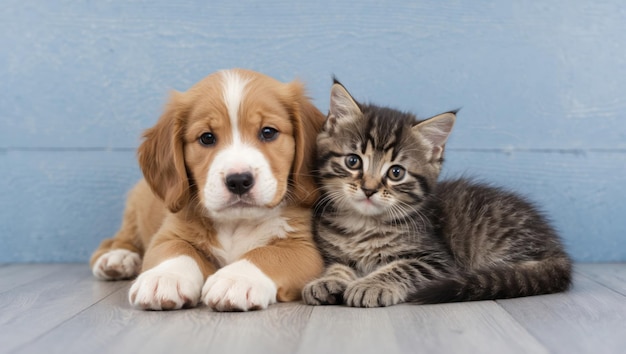 Adorable puppy and kitten cuddling on a fluffy blanket radiating warmth and love