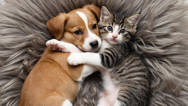 Adorable puppy and kitten cuddling on a fluffy blanket radiating warmth and love