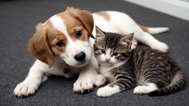 Adorable puppy and kitten cuddling on a fluffy blanket radiating warmth and love