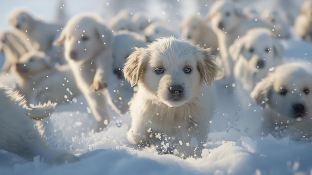 Photo adorable puppy playing in snow surrounded by fluffy white frost