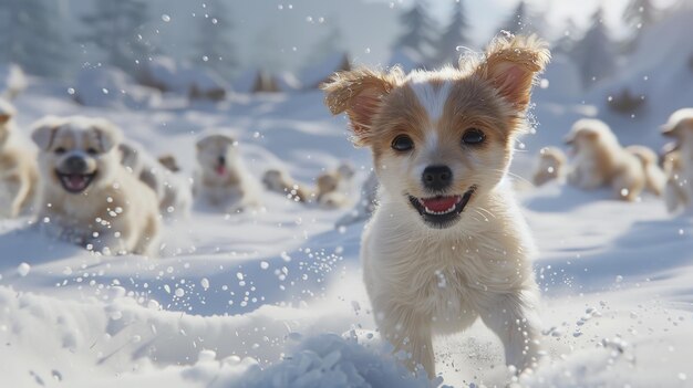 Adorable Puppy Playing in Snow Surrounded by Fluffy White Frost