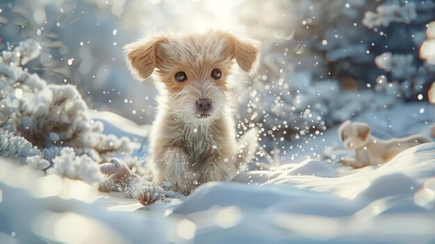 Photo adorable puppy playing in snow surrounded by fluffy white frost