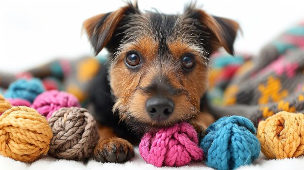 Photo adorable puppy playing with colorful toys on a white background