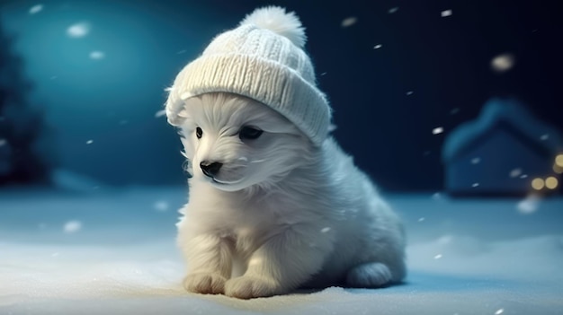 Adorable Puppy in Snow with Festive Christmas Tree Lights