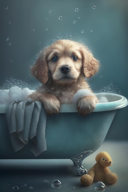 Adorable Puppy Splashing in a Bathtub