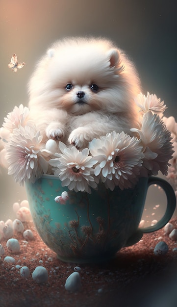 Adorable Puppy in a Teacup AI generative