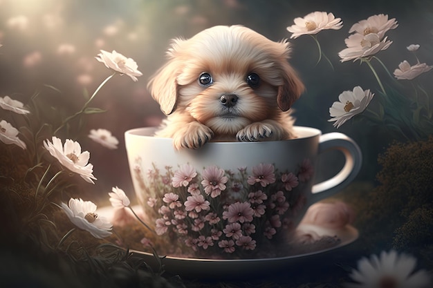 Adorable Puppy in a Teacup AI generative