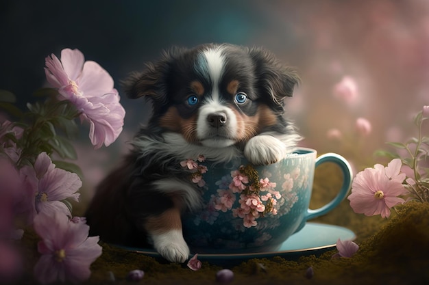 Adorable Puppy in a Teacup AI generative