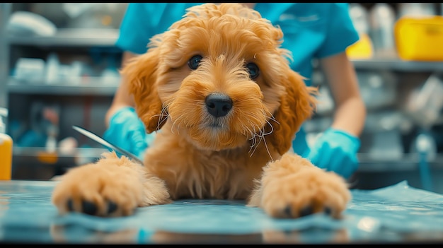 Adorable puppy at the vet clinic receiving care and medical attention from the veterinarian displaying a cute and curious expression