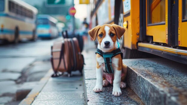 Adorable Puppy Wearing a Tiny Backpack at a Vibrant Bus Station Perfect for Travel Posters