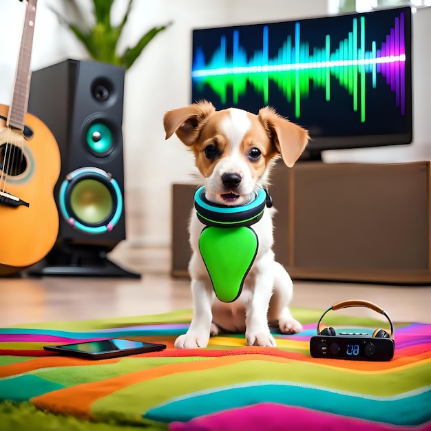 Photo adorable puppy wears headphones to listen audio