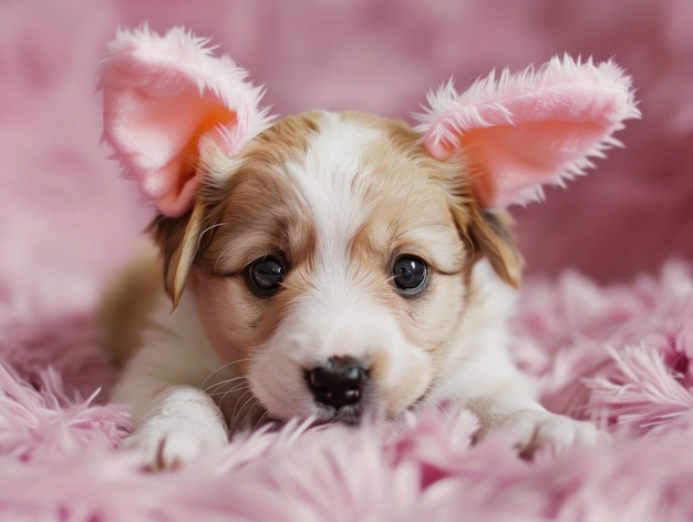 Photo adorable puppy with bunny ears resting on pink fluffy blanket with bow cute animal beauty in comfortable setting