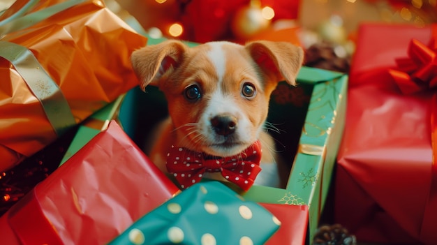 Photo adorable puppy with a festive bow tie peeks out from a pile of colorful gift boxes embodying holiday joy and surprise