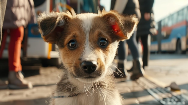 Adorable Puppy with Perked Ears at Bustling Bus Station Perfect for Travel and Animal Themes