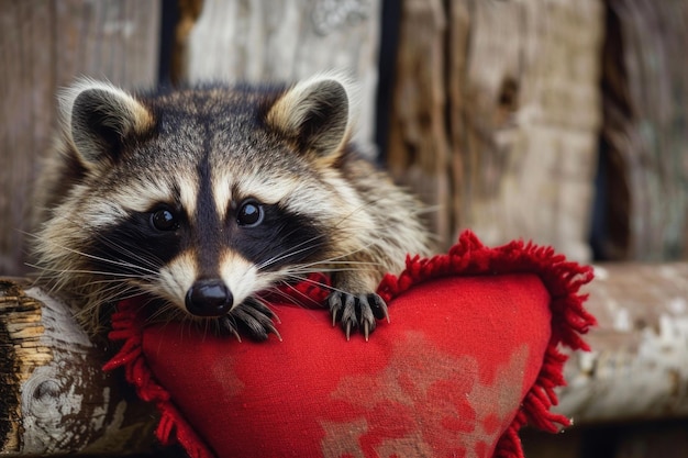 Photo adorable raccoon holding heartshaped pillow