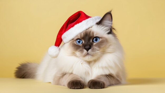 Adorable Ragdoll cat with Santa hat on a yellow background perfect for holiday cards