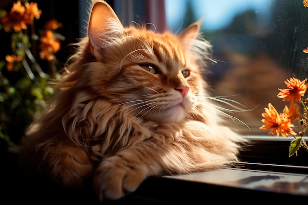 The adorable red cat with its fluffy fur enjoys a catnap by the sunlit window in its cozy home