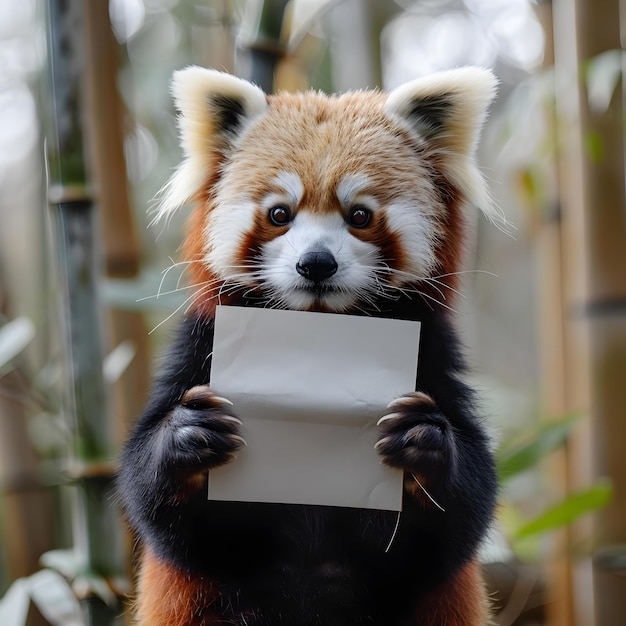 Photo adorable red panda holding blank paper in bamboo forest