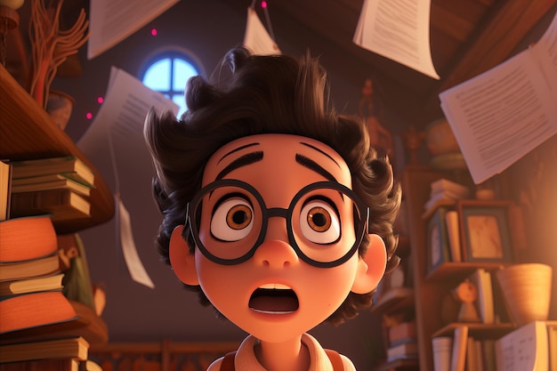 Adorable Schoolboy Wearing Glasses Expressing Surprise while Surrounded by a Stack of Books