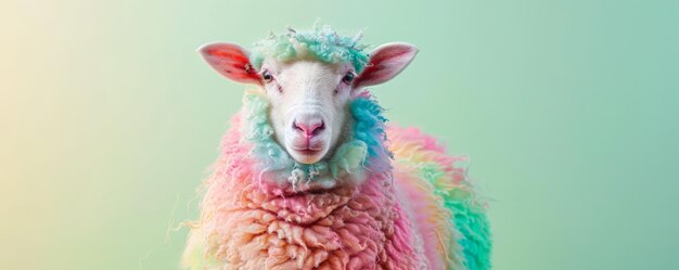 An adorable sheep with wool in a mix of pastel and neon colors such as pink blue and green