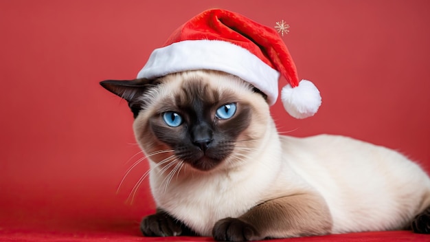 Adorable Siamese cat wearing a Santa hat against a red background perfect for holiday themes