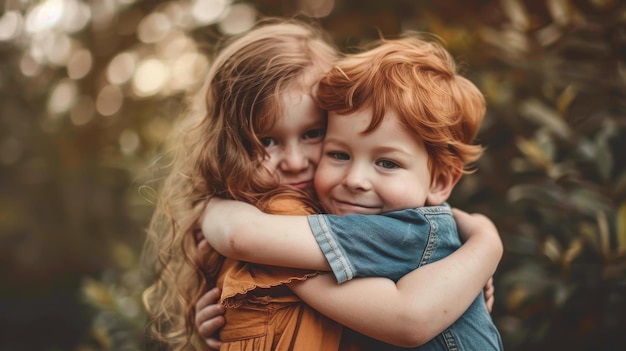 Photo adorable siblings hugging each other tightly showcasing their unbreakable bond and family love