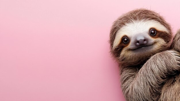 Photo adorable sloth with brown fur against pink background looking directly at camera