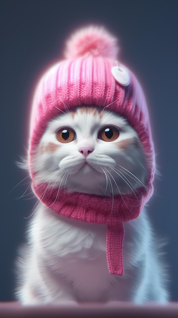 Adorable Small Cat Wearing a Pink and White Hat in Colorful Animation Style AI Generated