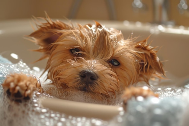 Photo adorable small dog enjoying a spa bath while relaxing in a bubblefilled tub