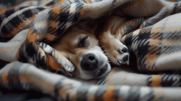 Adorable small dog napping under a cozy blanket on a couch