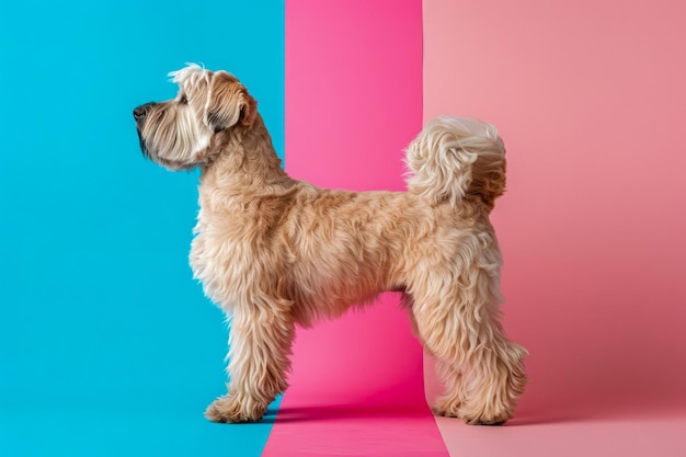 Adorable Small Fluffy Dog Standing on Two Tone Pink and Blue Background in Studio Setting