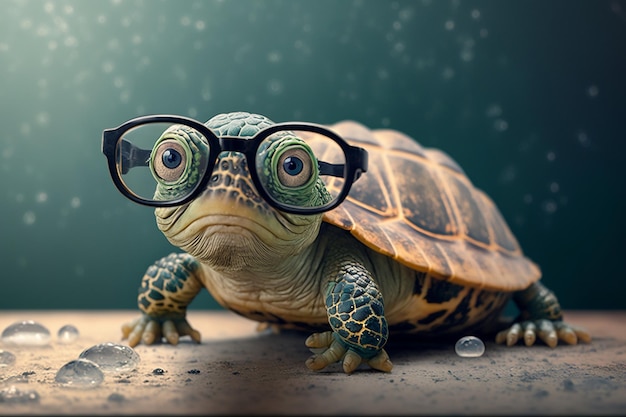 Adorable Small Green Turtle Wearing Glasses Generative AI