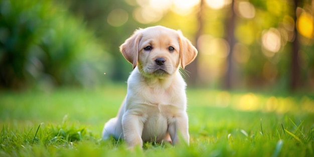 Adorable Small Labrador Puppy Sitting on Green Grass with Copy Space