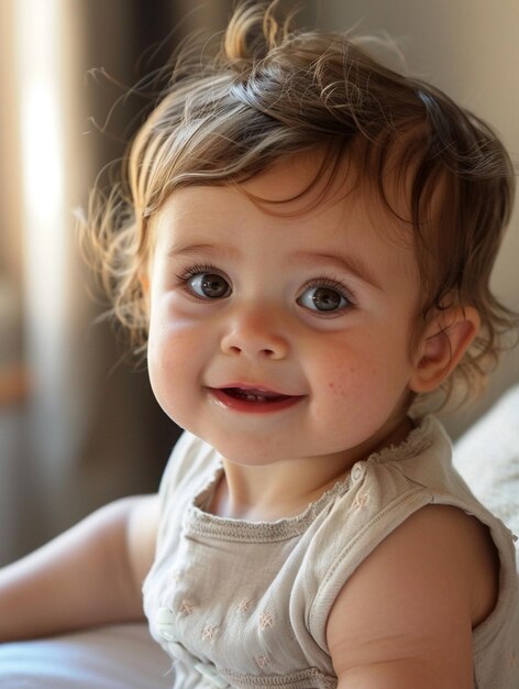 Adorable Smiling Baby with Curly Hair in Natural Light