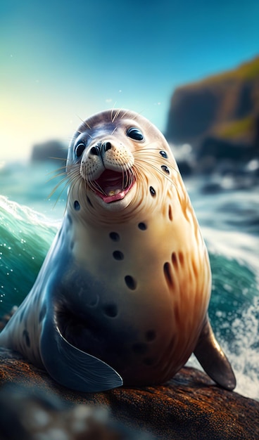 Adorable smiling seal sitting on the rock Cute sea animal in natural habitat Generative AI