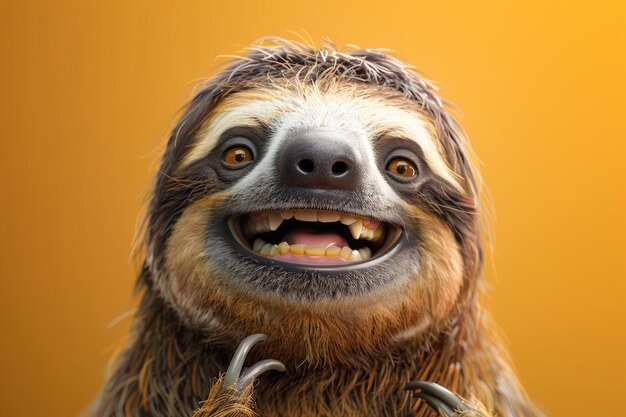 Photo adorable smiling sloth with bright eyes and messy fur on orange background