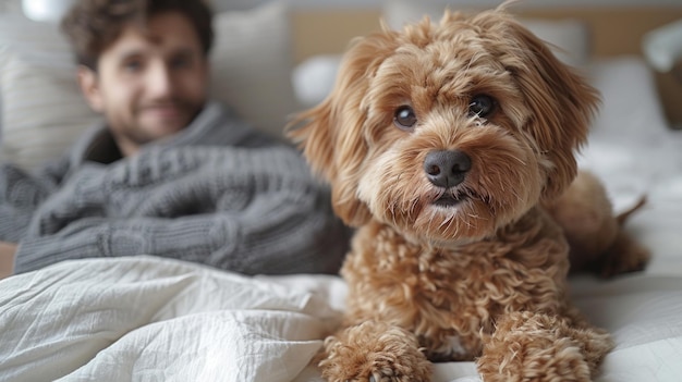 An adorable Spanish water dog plays with his owner on the bed between the white sheets They have a funny time with pets Lifestyle