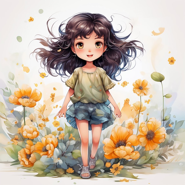 Adorable summer kawaiistyle watercolor clipart for girls