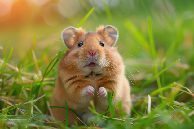 Adorable Syrian hamster in the grass