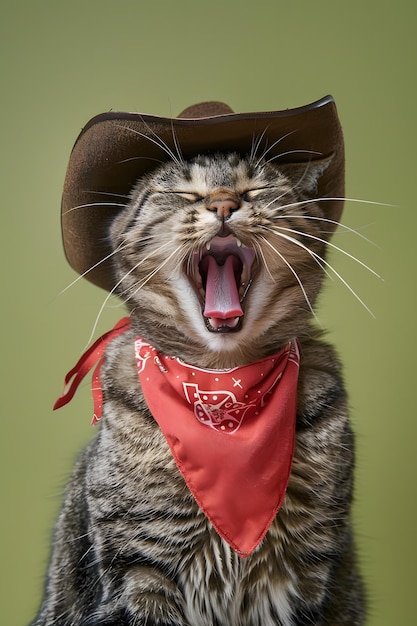 An adorable tabby cat dressed as a cowboy with a bandana is captured yawning in this endearing image