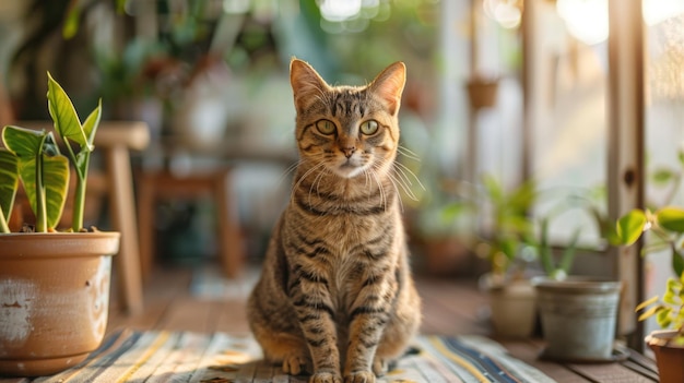 Photo adorable tabby cat sitting among indoor plants in sunlit home environment