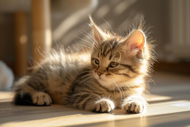 Adorable Tabby Kitten Basking in Warm Sunlight on Wooden Floor Cute Feline Relaxing Indoors