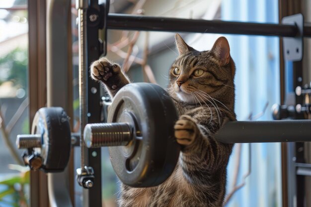 Photo adorable tabby kitten playing with dumbbells in a fitness setting