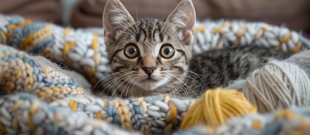 Adorable Tabby Kitten Resting on Cozy Knitted Blanket with Yarn Balls