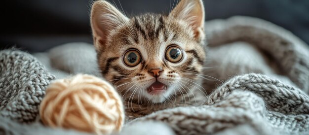 Adorable Tabby Kitten with Wide Eyes Playing with Yarn Ball on Cozy Blanket