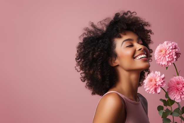 Adorable tanned curly brunette laughingly enjoying pink gerbera flowers on pastel pink background